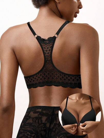 Women's Black Lace Front-Closure Bra - Sexy Racerback Push Up Design