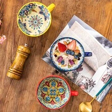 2个波西米亚风格陶瓷牛奶杯/咖啡杯，大容量饮用杯，适合盛装早餐燕麦片和牛奶，可微波炉加热 - 彩色 - 查看 4