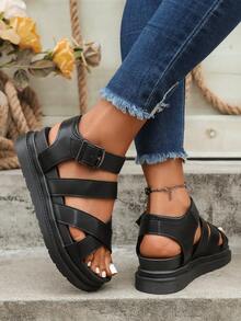 女士新款夏季时尚欧美风凉鞋，魔术扣海绵蛋糕软底休闲百搭平底鞋，沙滩凉鞋，厚底凉鞋 - 黑色 - 查看 6