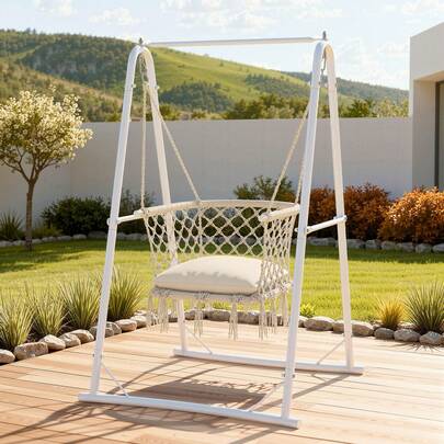 BALCONERA White Hanging Chair With Stand, 105x93x160cm Hammock Swing Chair With Cushion, 100kg Capacity Heavy-Duty Steel Stand For Living Room Courtyard Garden