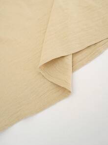 女士米色亚麻质感两件套，V领无袖上衣搭配阔腿卷边裤，夏季休闲度假装 - 卡其色 - 查看 3