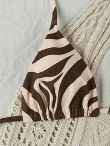 新款春夏女士黄棕色斑马纹性感优雅休闲露背系带比基尼套装，适合海滩、派对、约会、舞台和音乐会等场合。 - 彩色 - 查看 5