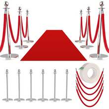 6 piezas de poste de control de multitudes con alfombra roja extendida de 26 pies, postes plateados, cola con 4 cuerdas de terciopelo rojo de 5 pies, barreras de cuerda para control de - 6 piezas - Ver 1