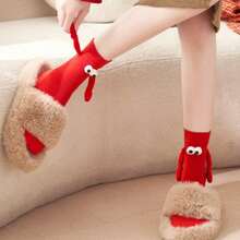 1 Pair Cute Red Women's Socks With Spring/Summer Cartoon, Socks That Can Hold Hands, Magnetic Hand Holding New Year's Mid Tube Socks - Multicolor - View 3