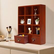 Vintage Brown Wooden Display Cabinet 9 Compartments 2 Drawers 33.3*10*42.5cm Wall Mount Freestanding For Collectibles Figurines Jewelry Storage - 棕色 - 查看 1