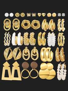 Juego de 72/36/24/12 piezas de pendientes de aro y pendientes de botón con diseños geométricos irregulares, mariposas, corazones y perlas falsas, de moda y sencillos, para mujeres, parejas, vacaciones de verano, citas, regalos, uso diario, casual, fiestas y bodas - Amarillo Oro - Ver 2