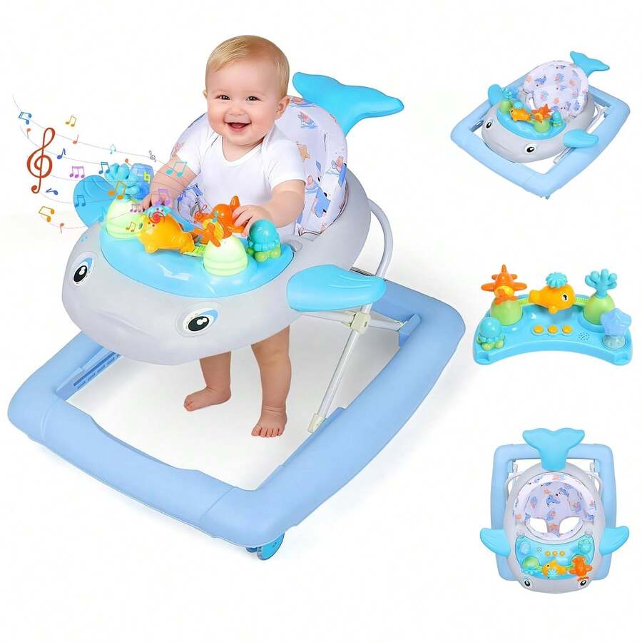 Dolphin Shape Baby Walker & Activity Center With Music & Lights Toys,3 Adjustable Height, 360° Smooth Wheels & Foldable Design For Infant Boy And Girl 6-18 Months, Andadera Para Bebe, Blue - Màu xanh lam - Xem 1