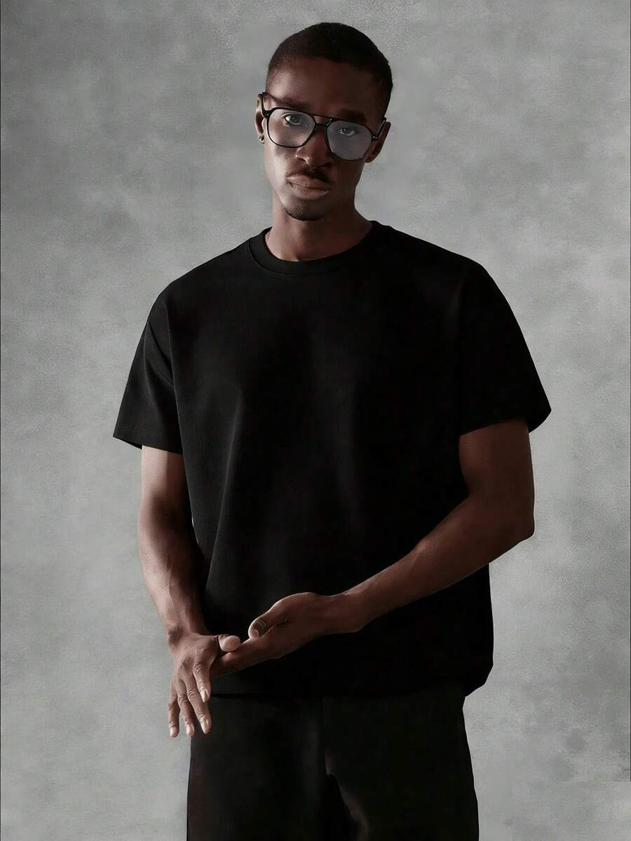 Oversized Boxy Cut Short Sleeve Jersey T Shirt Casual Crop Fit Streetwear Modern Minimalist All Season Essential Top-Comfortable Retro Cotton T-Shirt-K912026 New Men's Spring/Summer Casual Resort Wear Versatile Pure Cotton T-Shirt - 黑色 - 查看 1