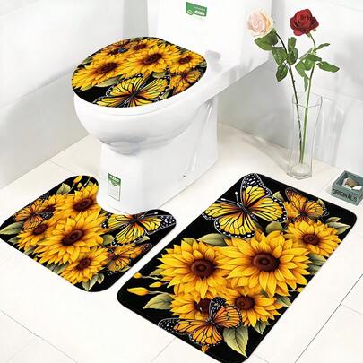 北欧风向日葵印花三件套浴室用品/浴垫/防滑浴垫/装饰地毯，高品质仿羊毛材质，柔软舒适，防滑，适用于浴室和卫生间区域。