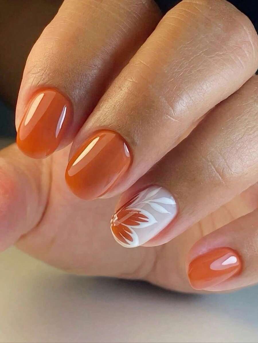 24pcs Cute Square White & Orange Short Faux Flower Nail Art Tips, Coffin Shape French Manicure Stickers For Women Nails - Multicolor - View 1
