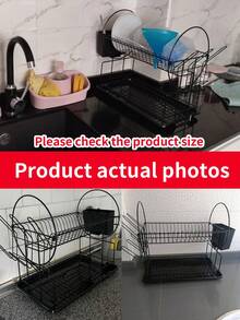 Escurreplatos de cocina de 2 niveles de color negro con drenaje automático, resistente a la oxidación, soporte para utensilios y función de secado de platos, estantería de almacenamiento de cocina ahorradora de espacio, decoración de cumpleaños, regalo de Año Nuevo y Día de San Valentín - Negro - Ver 7