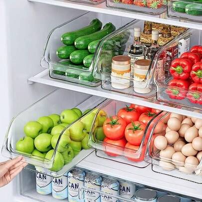 1/2/3 PCS Clear Freezer Organizers And Storage Bins With Handle, Stackable Open Front Pantry Organizer Bins For Bathroom, Kitchen, Refrigerator, Pantry, Cabinet, Closet