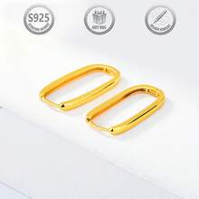 1 Pair Minimalist Elegant 925 Sterling Silver Polished Oval Hoop Earrings, Suitable For Daily, Party, Holiday, Date, Gift - Gold - View 1