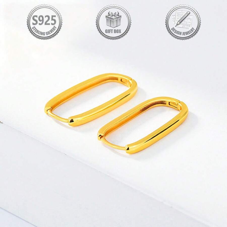 1 Pair Minimalist Elegant 925 Sterling Silver Polished Oval Hoop Earrings, Suitable For Daily, Party, Holiday, Date, Gift - Gold - View 1