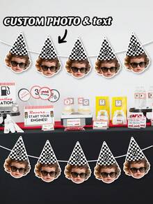 7/14/21pc Custom Photo & Text Race Car Themed Birthday Banner,Checkered Party Hat Design Banner,Personalized Baby Face Photo Banner, Party Backdrop,Black & White Checkered Race Car Theme Birthday Banner - Multicolor - View 2
