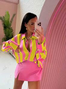 Women's Polyester Collared Shirt, Button Front, Striking Striped Pattern, Long Sleeve, Regular Length Party - Yellow - View 3