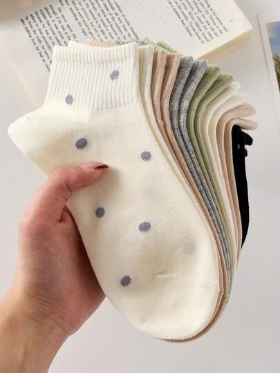 5 Pairs Women's Polka Dot Short Socks, Comfortable & Versatile, Random Colors