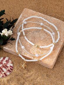 3pcs Bohemian Style Metal Starfish & Faux Pearl Beaded Anklet Set For Women - White - View 2