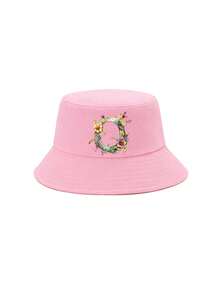 1顶女童粉色花卉字母图案渔夫帽，26个字母个性化时尚款，复古优雅轻便防晒，适合生日、节日、返校、四季休闲、户外、日常佩戴 - 粉色 - 查看 16