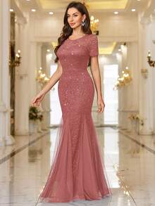 MIUSOL Vestido largo elegante de encaje con lentejuelas y contraste de malla con cola de pez, adecuado para fiestas formales, vacaciones, ceremonias de graduación y bodas - Rosa vieja - Ver 8