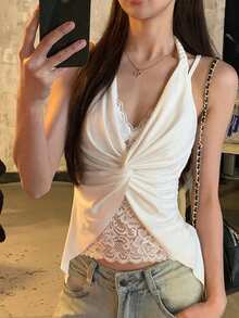 扭结蕾丝无袖吊带背心休闲款 - 白色 - 查看 9