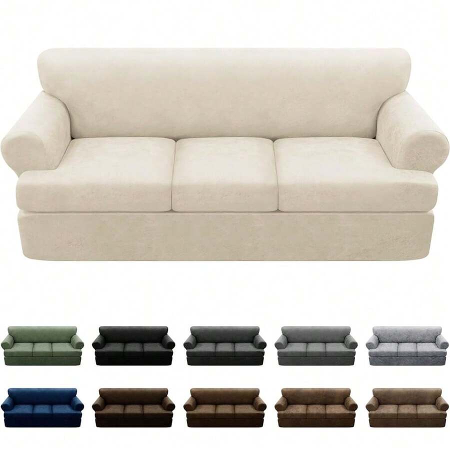 4-Pieces T Cushion Sofa Slipcovers Leather Look Couch Cover For 3 Cushion Couch Furniture Protector Stretch Sofa Cover With 3 Individual T Cushion Seat Covers Washable, Ivory - Ivory - 查看 1