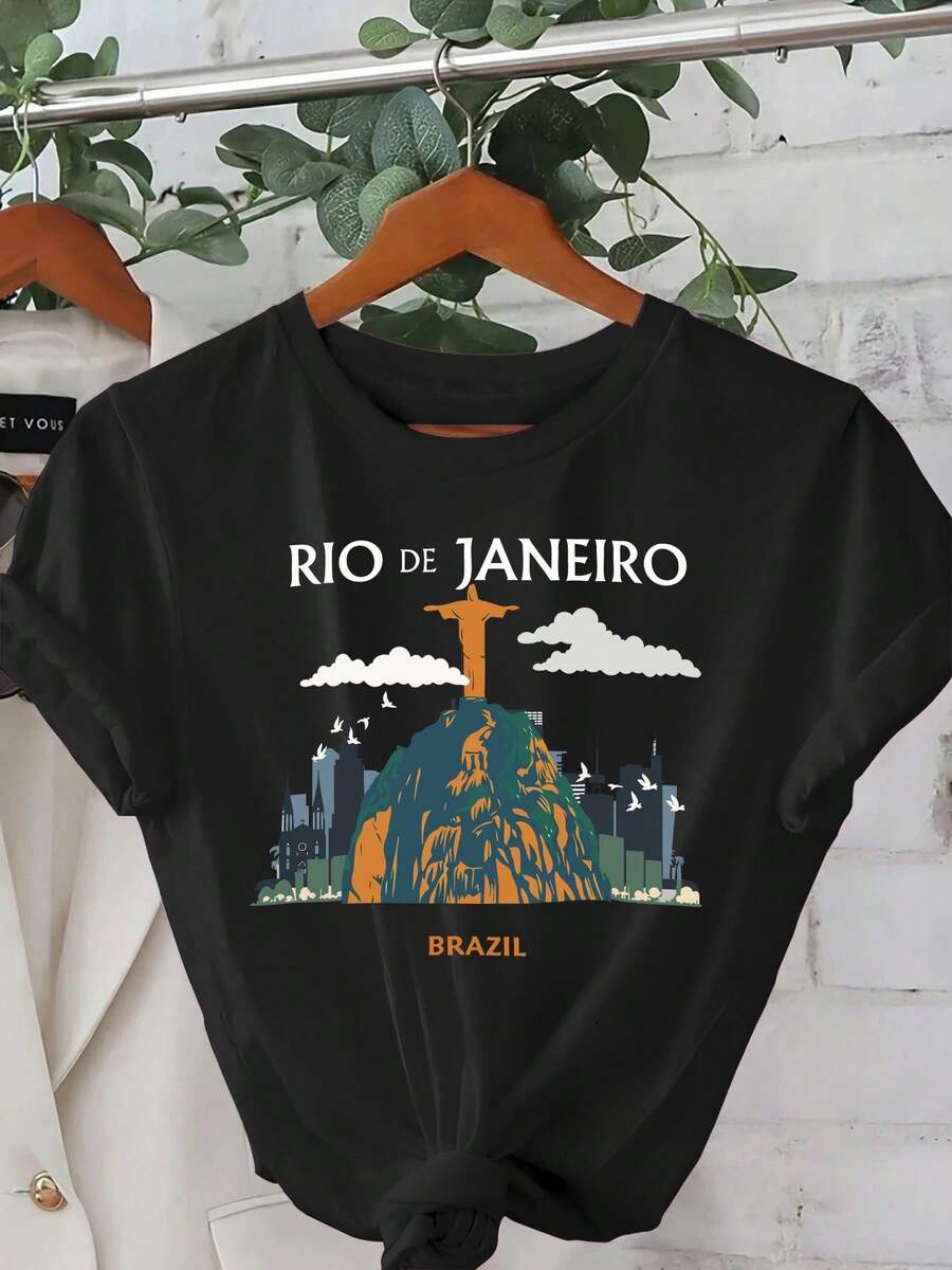 Women'S Rio De Janeiro Brazil Graphic T-Shirt - Vibrant Christ The Redeemer & Sugarloaf Mountain Cityscape Print, Relaxed Fit Short Sleeve Round Neck Casual Summer Top, Sleek Black Tee With Rio De Janeiro Lettering, All-Season Comfort For Casual Attire & Travel Outfits, Pullover Style With Iconic City Skyline Design, Breathable Fabric For Comfortable Fit, Relaxed Fit For Casual Wear, Travel Clothing, Lightweight Material, Comfortable Texture, Printed Shirt, Travel Enthusiasts - 黑色 - 查看 1