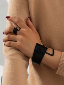 1 pieza/Set Pulsera y anillo de metal geométrico para mujer - Negro - Ver 2