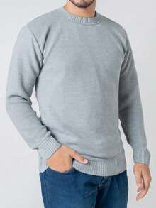 Men's Knitted Sweater, Single Color, Crew Neck, Casual Winter, Plain - 淺灰色 - 查看 1