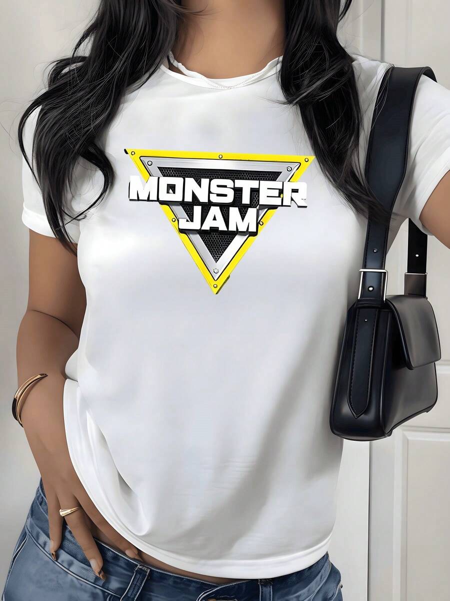 Monster Jam Triangle Graphic Print T Shirt 220g 1pcs Statement Logo Women's Casual 100% Cotton Tee Streetwear Style - trắng - Xem 1