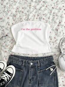 Y2K露脐上衣，女士无袖衬衫 - 米白色 - 查看 1