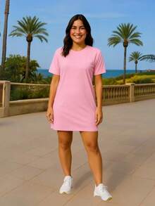 Vestido Camisetão Alongada Feminino Malha Longline T-shirt  Casual    Praia  Férias - Rosa Bebê - Visão 2