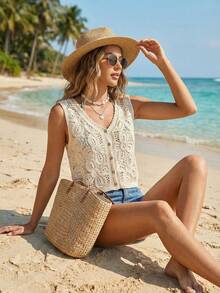 Women's Crochet Top With Buttons – Imported Cotton, One Size, Summer, Party, Social - Beige - View 2