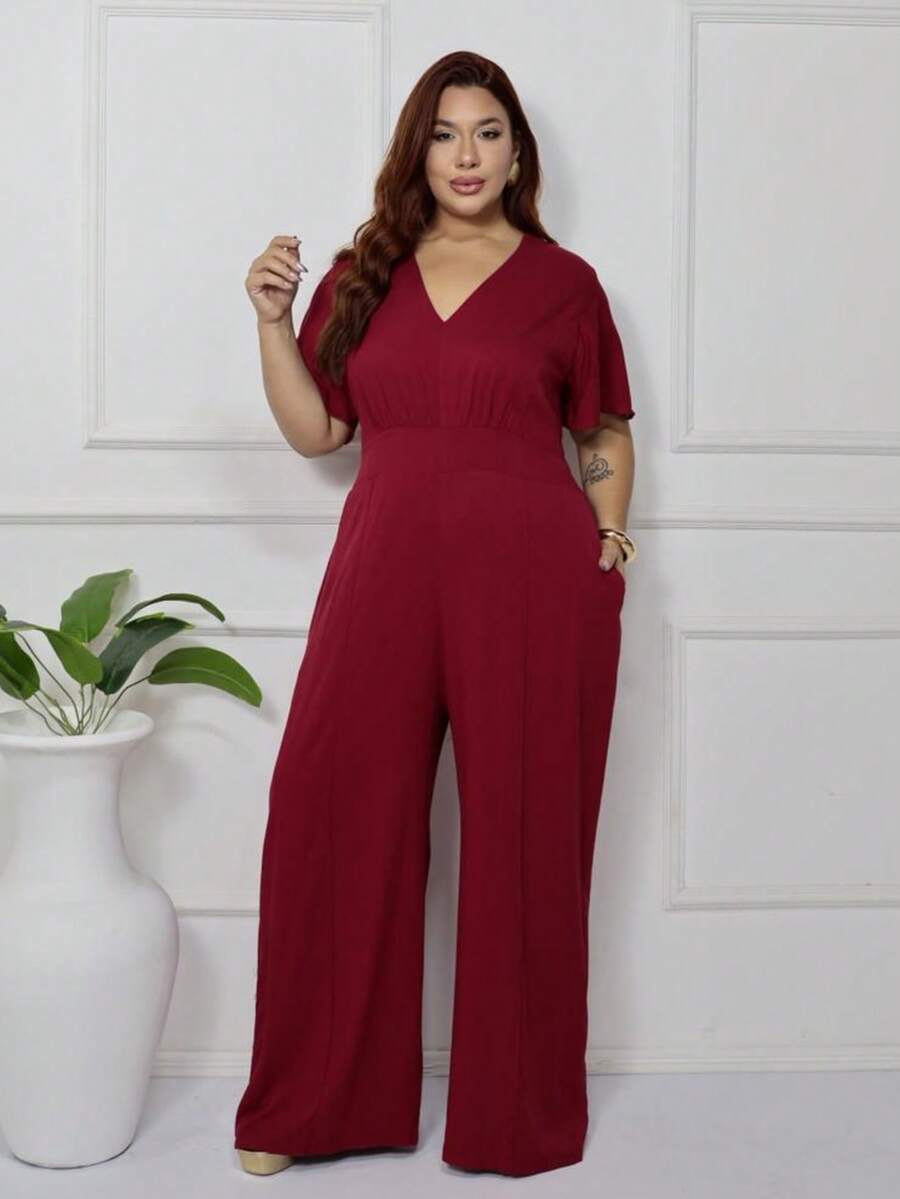 Women's Plus Size Plain Long Jumpsuit, Wide Leg, Short Sleeve, V-Neck, Ruched Front, Comfortable - 紅木色 - 查看 1