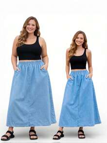 Lightweight Denim Skirt With Elastic Waistband And Pockets - Summer - Rửa nhẹ - Xem 1
