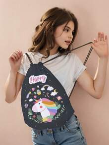 1pc Customized Name Cartoon Pony Pattern Drawstring Backpack, Can Be Customized According To Your Unique Design, Perfect For Children, Print Your Own Name Or Print Sister And Classmate's Name As A Gift To Give To Others - Multicolor - View 4