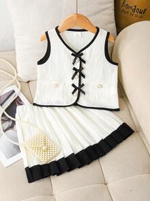 2pcs/Set Girls' Sleeveless Bow Cardigan Top And Pleated Skirt Elegant Outfit, Summer - White - View 1