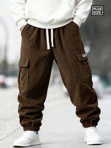 Męskie spodnie dresowe z sztruksu w dużych rozmiarach, luźne, codzienne, modne spodnie dresowe, spodnie cargo z dużymi kieszeniami, odporne na mechacenie, odpowiednie na zakupy, randki, podróże, sporty rekreacyjne i do noszenia na co dzień - Brązowy - Zobacz 2