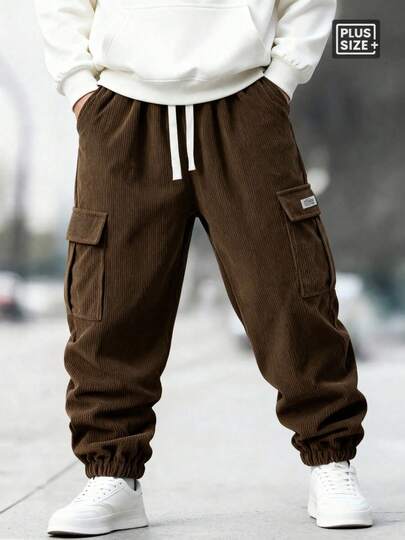 Plus Size Men's Corduroy Sweatpants, Loose Casual Fashion Joggers, Cargo Pants With Big Pockets, Pill-Resistant, Suitable For Shopping, Dates, Travel, Leisure Sports And Daily Wear