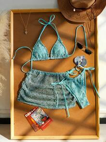 Valentine's Day Women's Summer Beach Bikini Set, Crochet Halter Tie Back Bikini, Bohemian Crochet Vacation Dress, Women's Beach Outfit Bikini 3-Piece Set, Suitable For Beach, Leisure, Vacation And Pool Party - Mint Blue - View 3