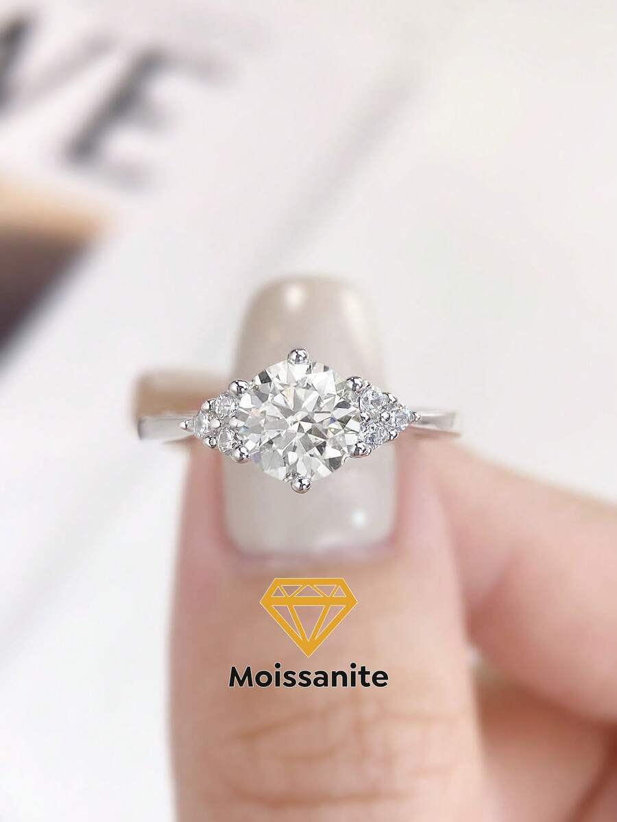 1 Chiếc nhẫn Moissanite 1.0CT hình cánh thiên thần tinh tế, lộng lẫy dành cho nữ, bạc sterling 925, thích hợp làm quà tặng đính hôn cho vợ, cô dâu, trang sức cao cấp. - Bạc - Xem 1