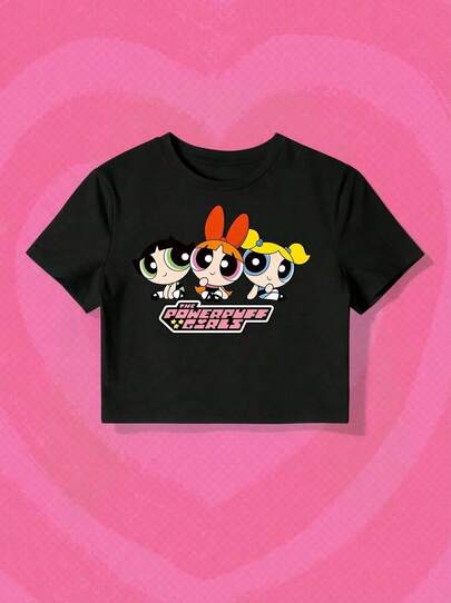 Whysmera SHEIN X Powerpuff Girls Women's Cute Printed Crew Neck Top - Adorable Casual Style, Suitable For Daily Wear And Workout