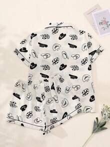 2Pcs Women's Denim Hat Printed V-Neck Button Short-Sleeved Single-Breasted Top And Pants Pajama Set, Summer Pajama Set, Comfortable At Home. - Black and White - View 2