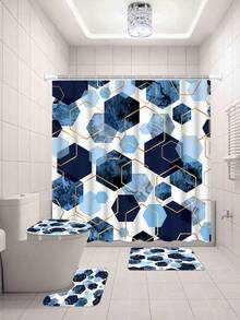 4pcs Blue Bathroom Set, Geometric Pattern Shower Curtain Set, Modern Art Style Shower Curtain With 12 Hooks, Bathroom Rug, Bathroom Non-Slip Mat And Toilet Mat - A - View 20