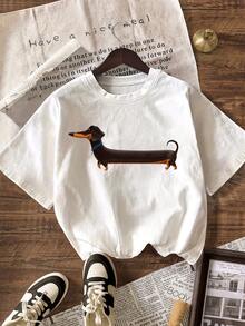 Funny Sausage Dog Graphic T-Shirt, Summer Vacation Beach Outfits For Women - White - View 1