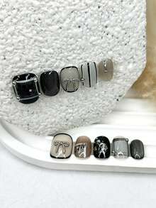 10片甜美性感少女短款手工按压式美甲，银色蝴蝶结艺术假指甲，可卸可重复使用美甲用品（1张果冻贴纸+1个指甲锉） - 彩色 - 查看 2