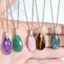 1pc Natural Water Drop Shaped Stone Pendant, Carved Amethyst & Lapis Lazuli Jewelry Making Necklace Charm - Water Droplets - View 2