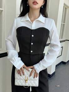 abyoxi 女款黑白對比領長袖單排扣 2-In-1 短版襯衫，休閒通勤日常極簡辦公風春夏秋上衣 - 黑色 - 查看 6