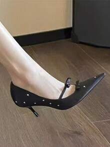 Women's Fashionable Niche Luxury Black Shoes, New Pointed Toe Low Vamp Thin Heel Pumps, Slimming Elegant Celebrity Bow French Versatile High Heels - Black - View 4