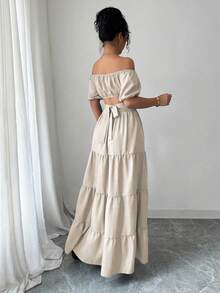 Vestido con hombros descubiertos, cintura hueca, volantes en el bajo - Albaricoque - Ver 4